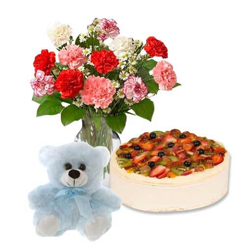 Fruit Cake with Mix Color Carnations & 6 inch Teddy