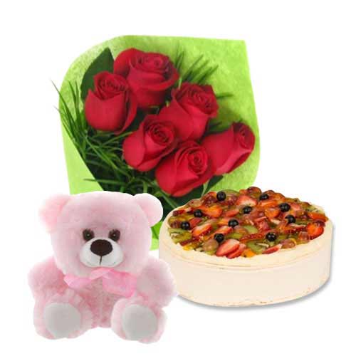 Fruit Cake with Red Roses & 6 inch Teddy