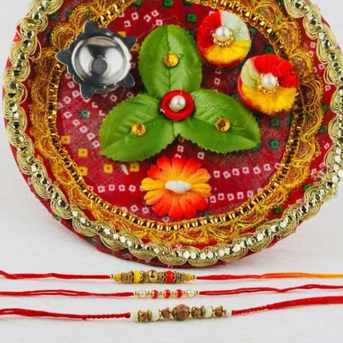 Beautiful hand crafted  Pooja Thali  with Set Of 3 Rakhis