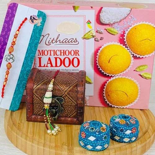 Om & Lumba Rakhi wsith Indian Sweets Motichoor Ladoo