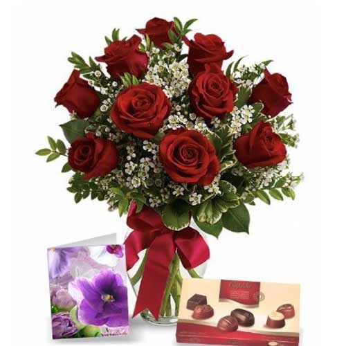 10 Red Roses with Chocolates & Card