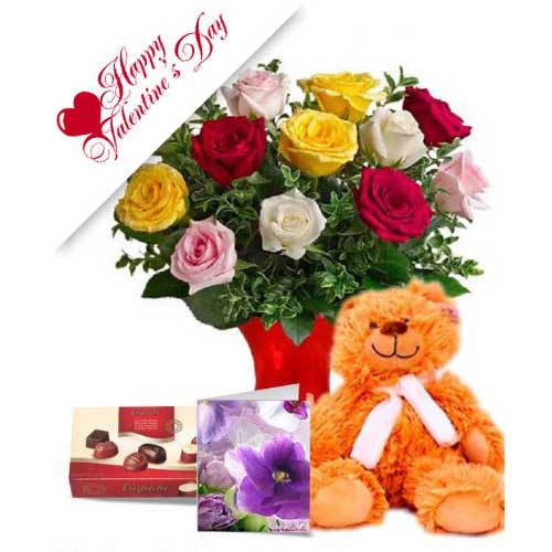 Assorted Roses with Teddy n Chocolate