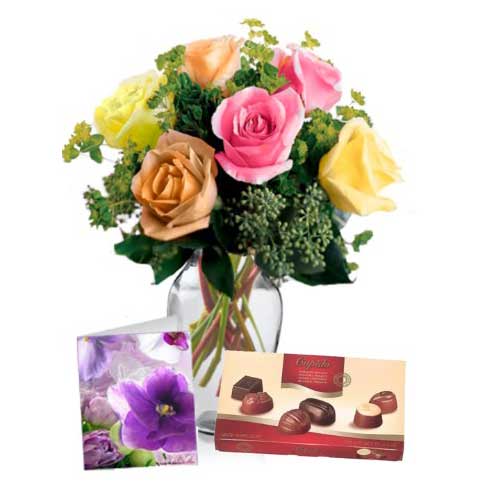 6 mixed Roses with Chocolate n Card