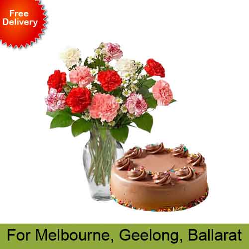 Mix Carnations with Chocolate Delight Cake